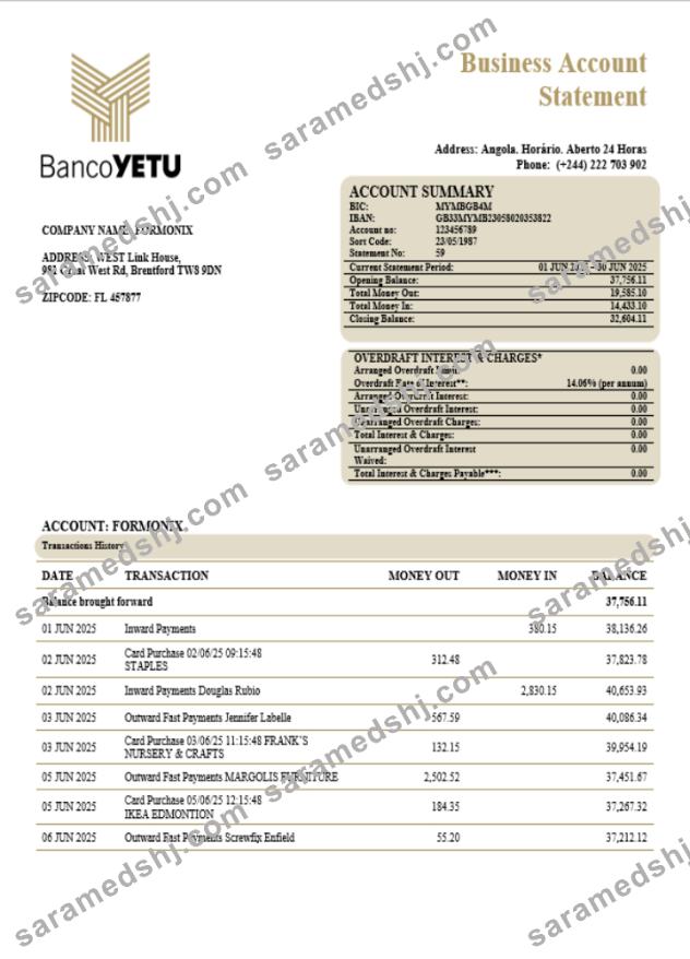 Banco Yetu business bank company statement Word and PDF format